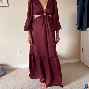 Altar'd State Burgundy Maxi Dress Cutout Long Sleeve Ring Detail Gown Size Small